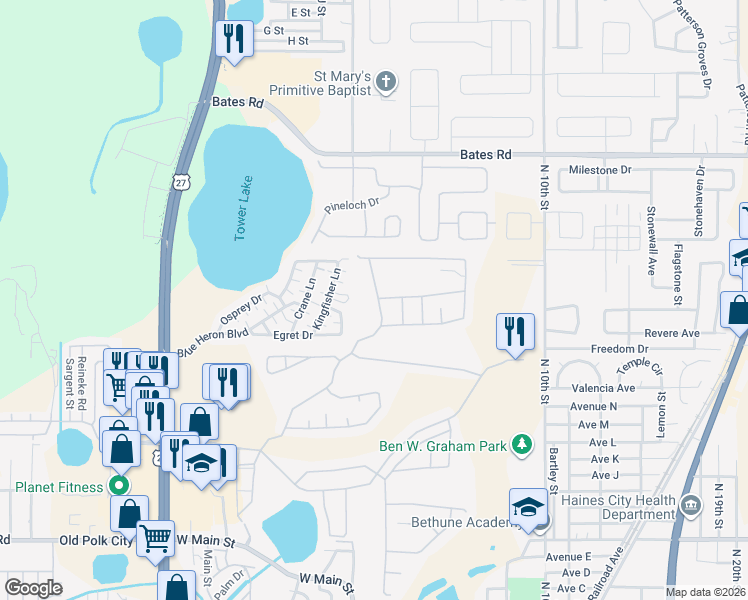 map of restaurants, bars, coffee shops, grocery stores, and more near 3018 Barbados Lane in Haines City