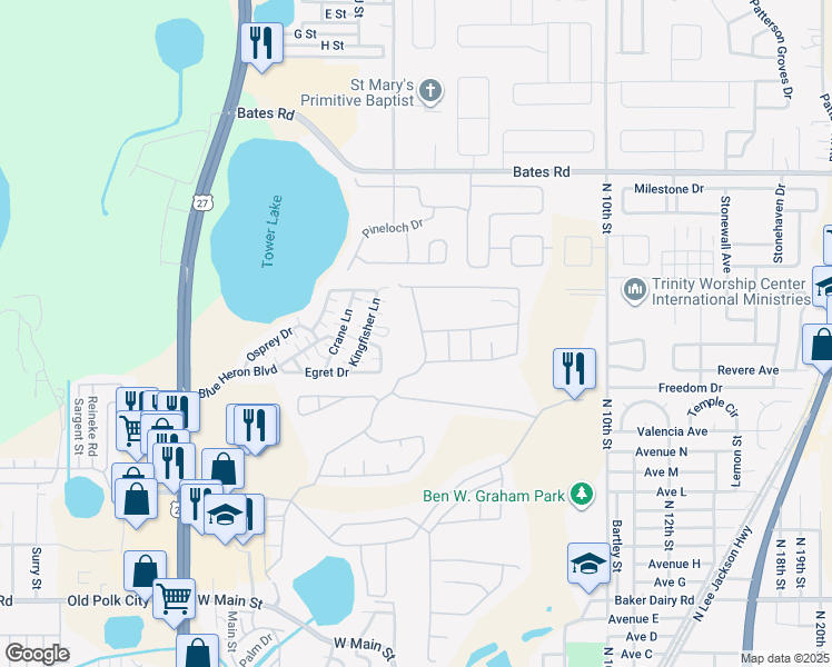 map of restaurants, bars, coffee shops, grocery stores, and more near 2660 Hemingway Avenue in Haines City