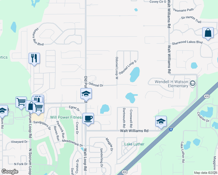 map of restaurants, bars, coffee shops, grocery stores, and more near 1034 Odoniel Drive in Lakeland