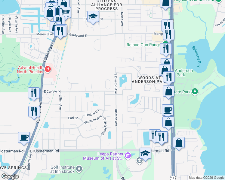 map of restaurants, bars, coffee shops, grocery stores, and more near 533 East Curlew Place in Tarpon Springs