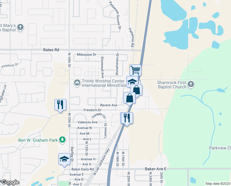 map of restaurants, bars, coffee shops, grocery stores, and more near 1114 Democracy Drive in Haines City