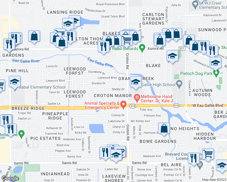 map of restaurants, bars, coffee shops, grocery stores, and more near 2173 Shelby Drive in Melbourne
