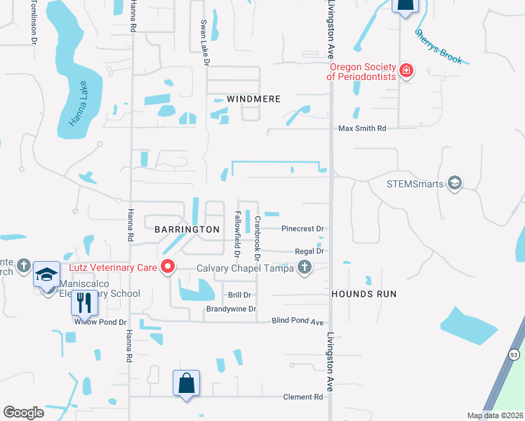 map of restaurants, bars, coffee shops, grocery stores, and more near 17815 Cranbrook Drive in Lutz
