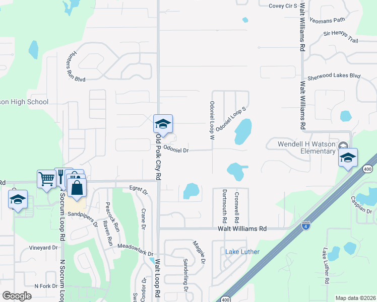 map of restaurants, bars, coffee shops, grocery stores, and more near 1005 Odoniel Drive in Lakeland