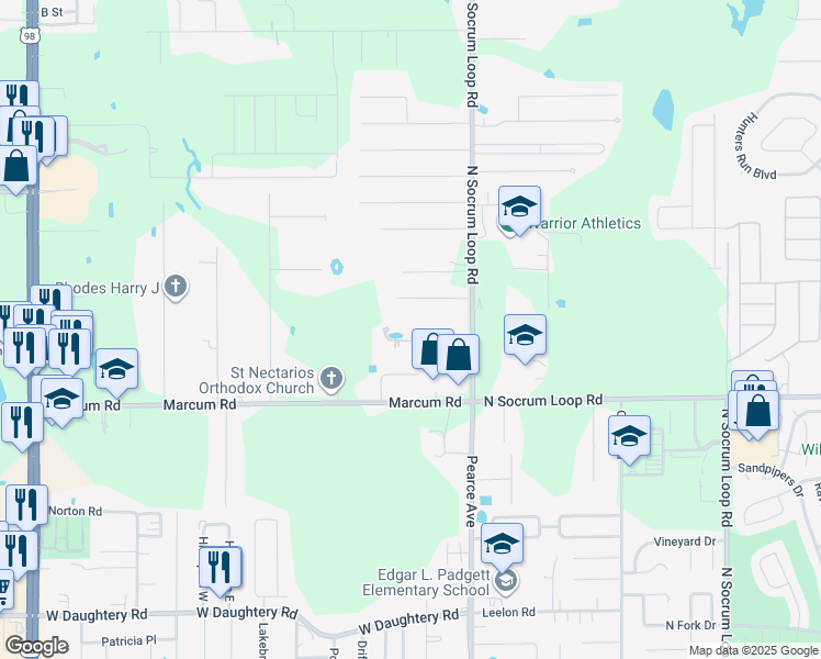 map of restaurants, bars, coffee shops, grocery stores, and more near 219 Larry Road in Lakeland