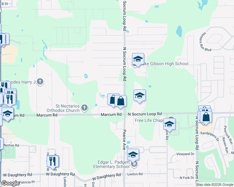 map of restaurants, bars, coffee shops, grocery stores, and more near 6950 North Socrum Loop Road in Lakeland