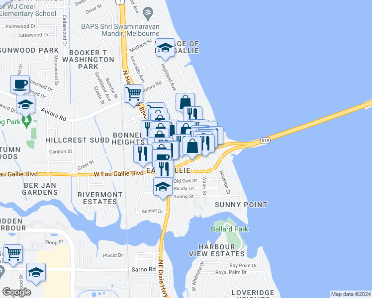 map of restaurants, bars, coffee shops, grocery stores, and more near 1462 Guava Avenue in Melbourne