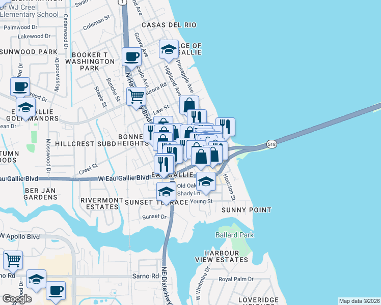 map of restaurants, bars, coffee shops, grocery stores, and more near 1490 Highland Avenue in Melbourne