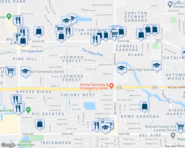 map of restaurants, bars, coffee shops, grocery stores, and more near 2281 Shelby Drive in Melbourne