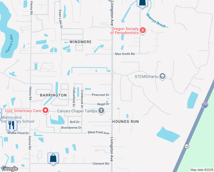 map of restaurants, bars, coffee shops, grocery stores, and more near 2409 Heather Manor Lane in Lutz