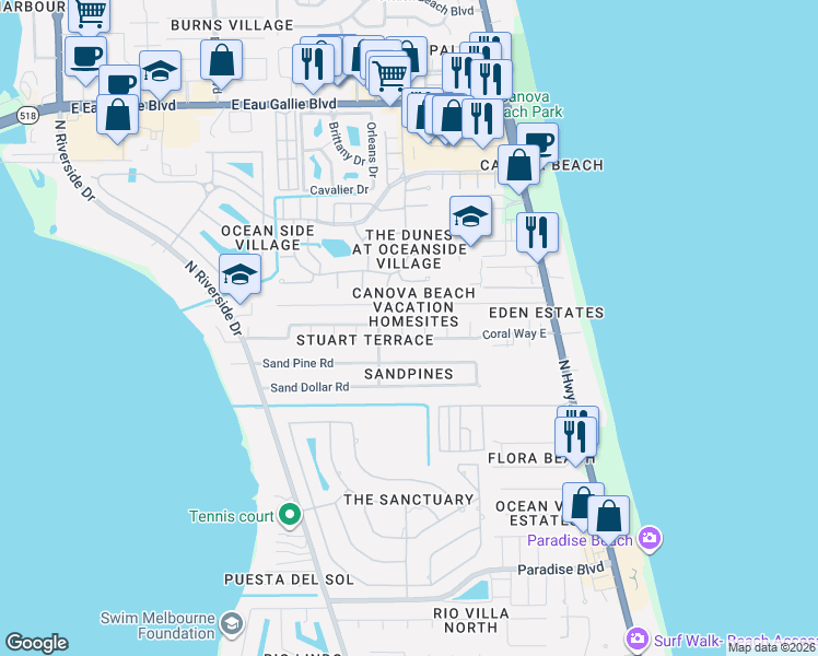 map of restaurants, bars, coffee shops, grocery stores, and more near 120 Mars Court in Indialantic