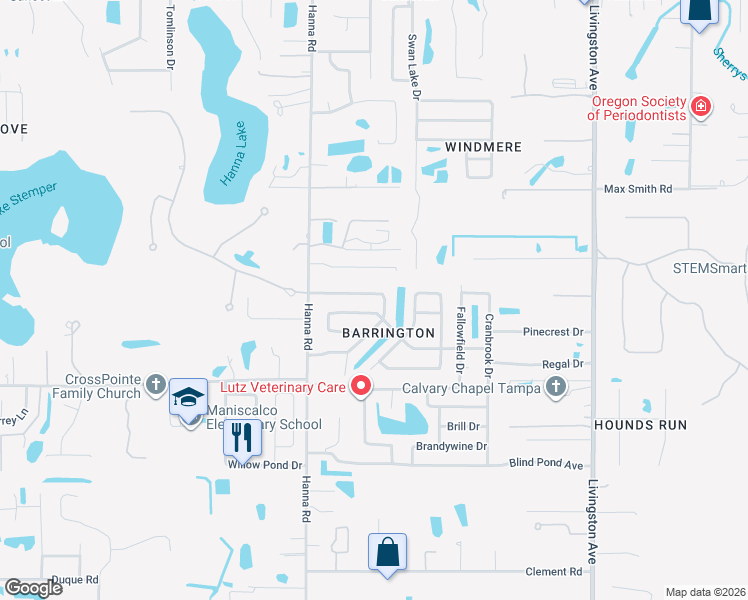 map of restaurants, bars, coffee shops, grocery stores, and more near 17824 Sunrise Drive in Lutz