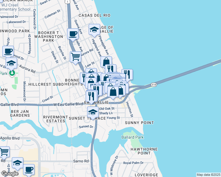 map of restaurants, bars, coffee shops, grocery stores, and more near 1490 Highland Avenue in Melbourne