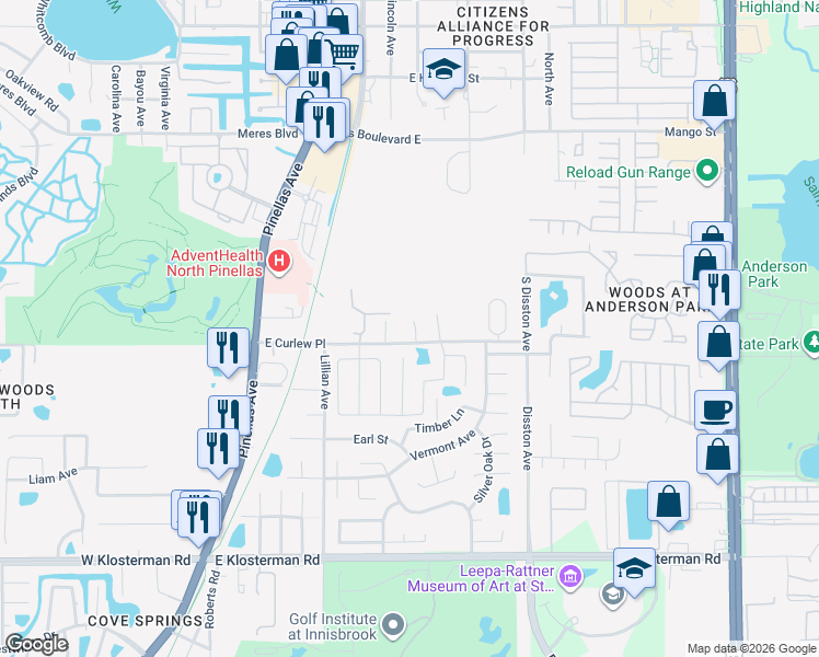 map of restaurants, bars, coffee shops, grocery stores, and more near 1447 Hidden Court in Tarpon Springs
