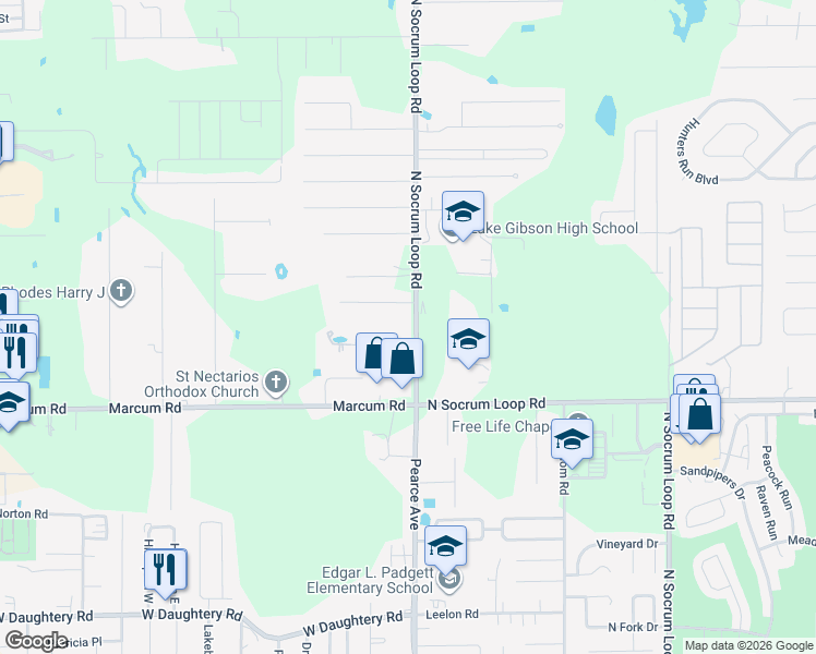 map of restaurants, bars, coffee shops, grocery stores, and more near 6950 North Socrum Loop Road in Lakeland