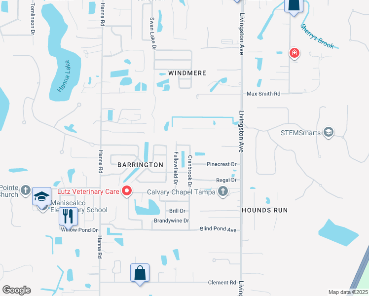 map of restaurants, bars, coffee shops, grocery stores, and more near 17826 Cranbrook Drive in Lutz