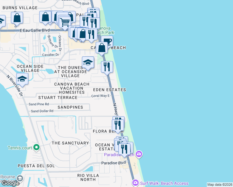 map of restaurants, bars, coffee shops, grocery stores, and more near 2805 North Highway A1A in Indialantic