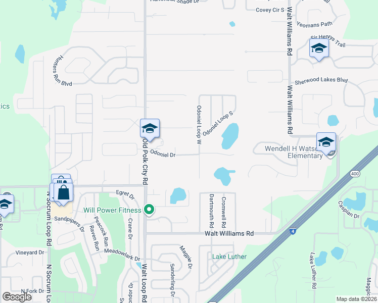 map of restaurants, bars, coffee shops, grocery stores, and more near 1034 Odoniel Drive in Lakeland