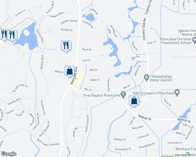 map of restaurants, bars, coffee shops, grocery stores, and more near 452 Spike Court in Poinciana