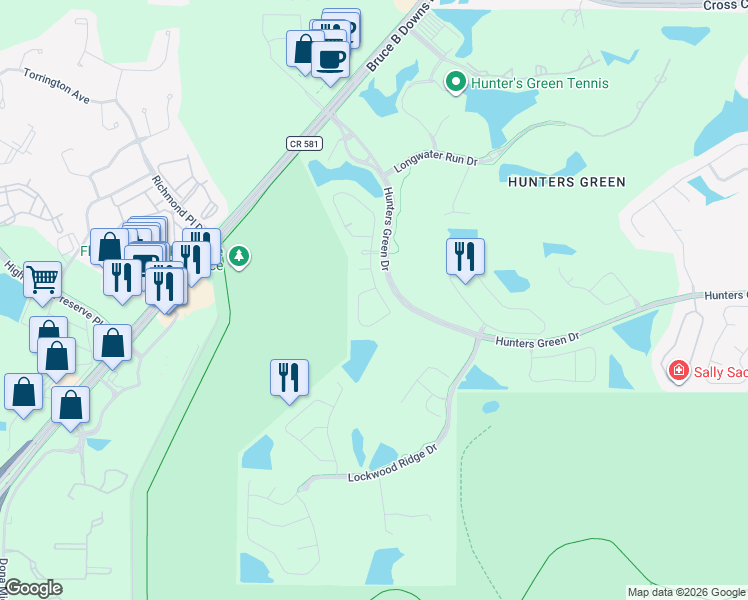map of restaurants, bars, coffee shops, grocery stores, and more near 17844 Green Willow Drive in Tampa