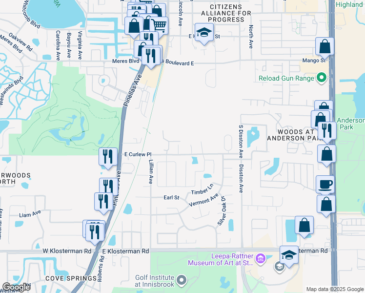 map of restaurants, bars, coffee shops, grocery stores, and more near 1447 Hidden Court in Tarpon Springs