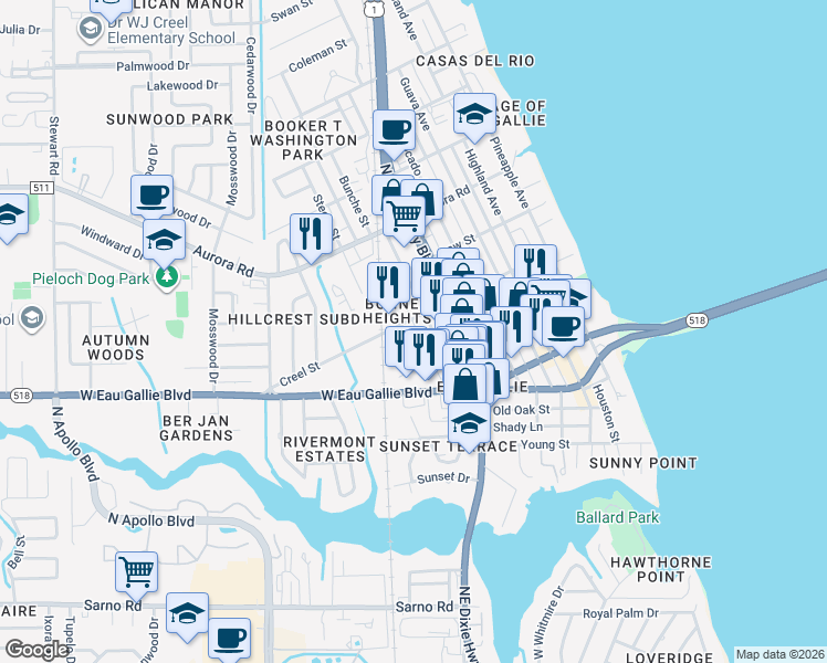 map of restaurants, bars, coffee shops, grocery stores, and more near 1478 Cypress Avenue in Melbourne