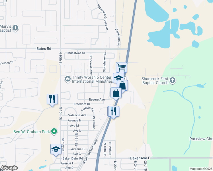 map of restaurants, bars, coffee shops, grocery stores, and more near 1114 Democracy Drive in Haines City