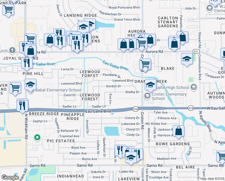 map of restaurants, bars, coffee shops, grocery stores, and more near 2306 Shelby Drive in Melbourne