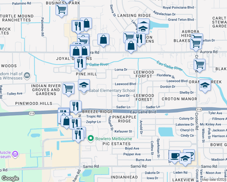 map of restaurants, bars, coffee shops, grocery stores, and more near 1485 Holland Street in Melbourne