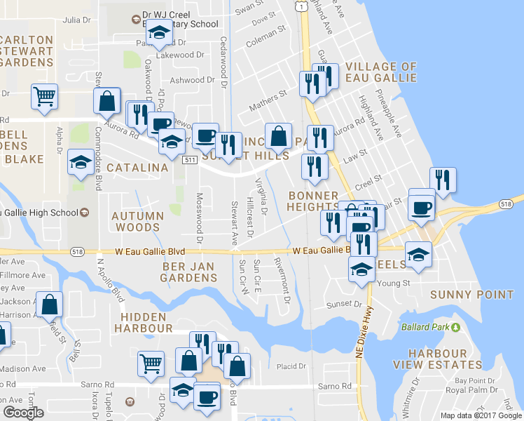 map of restaurants, bars, coffee shops, grocery stores, and more near 1486 Virginia Drive in Melbourne