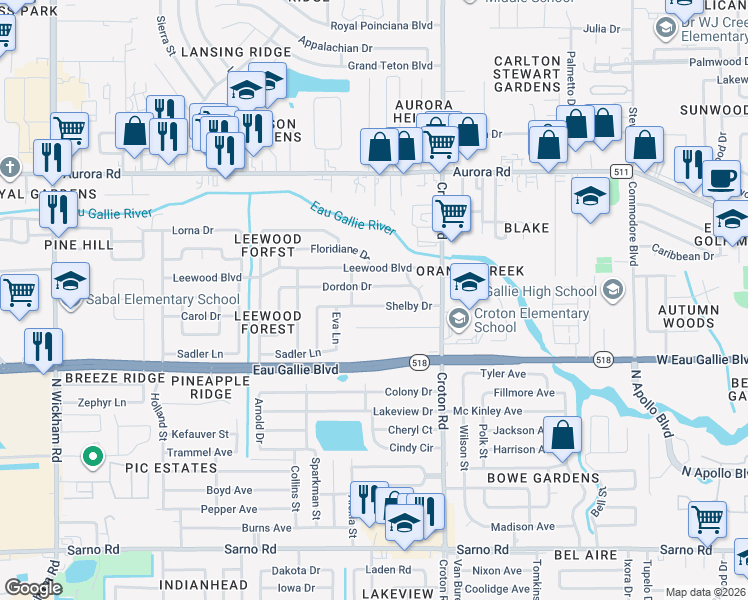 map of restaurants, bars, coffee shops, grocery stores, and more near 2224 Shelby Drive in Melbourne