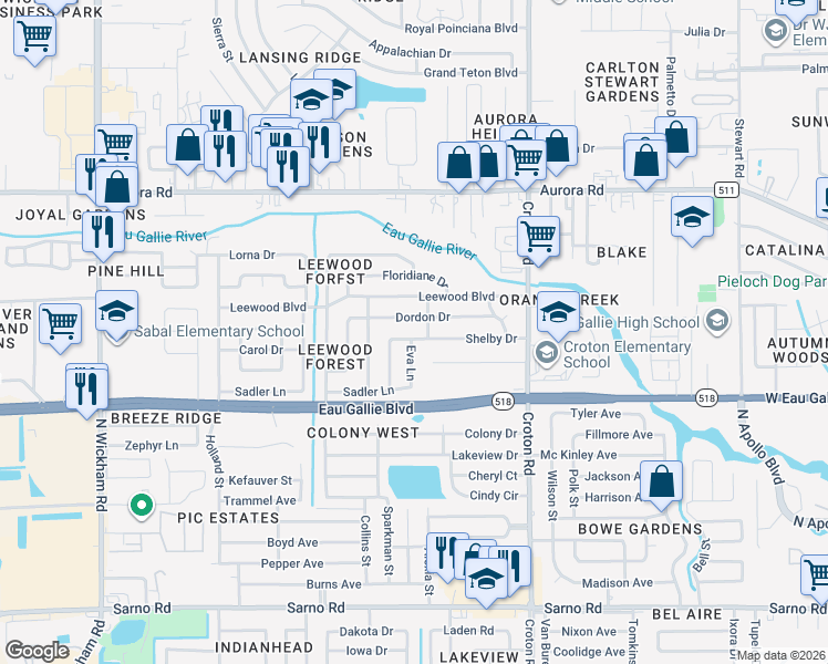 map of restaurants, bars, coffee shops, grocery stores, and more near 2306 Shelby Drive in Melbourne