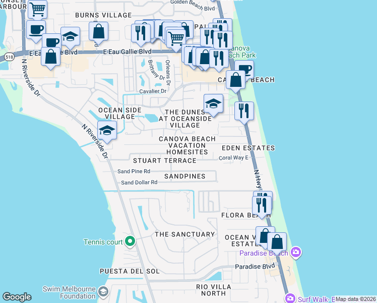 map of restaurants, bars, coffee shops, grocery stores, and more near 120 Mars Court in Indialantic