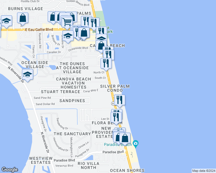 map of restaurants, bars, coffee shops, grocery stores, and more near 104 Coral Way East in Indialantic
