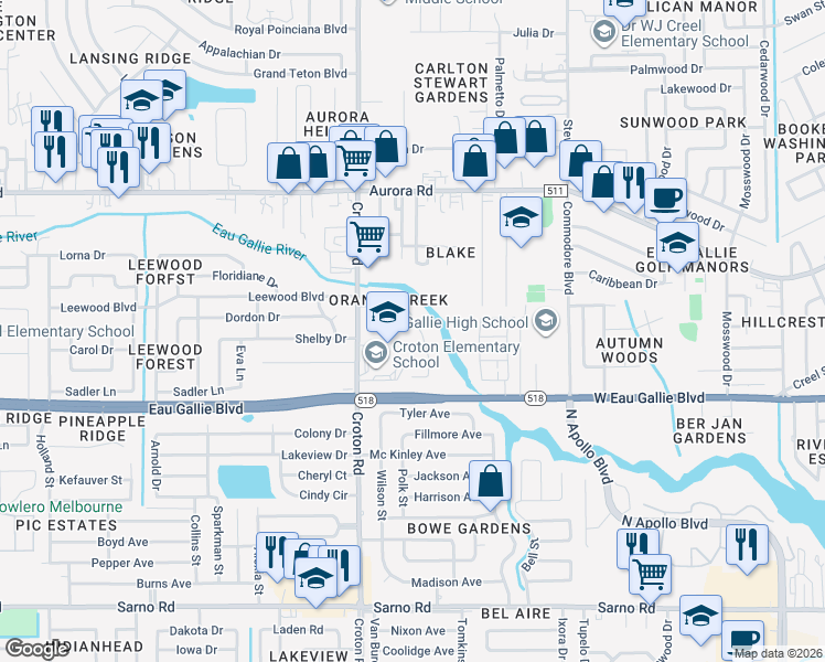 map of restaurants, bars, coffee shops, grocery stores, and more near 1449 Croton Road in Melbourne