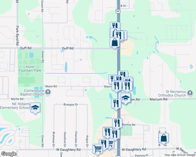 map of restaurants, bars, coffee shops, grocery stores, and more near 1425 Mann Road in Lakeland