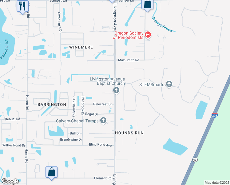 map of restaurants, bars, coffee shops, grocery stores, and more near Livingston Avenue in Lutz