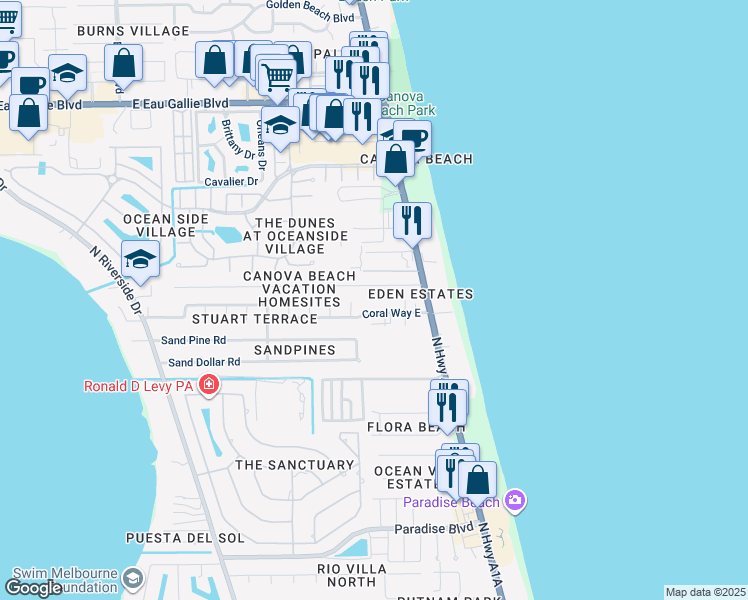map of restaurants, bars, coffee shops, grocery stores, and more near 124 Coral Way East in Indialantic