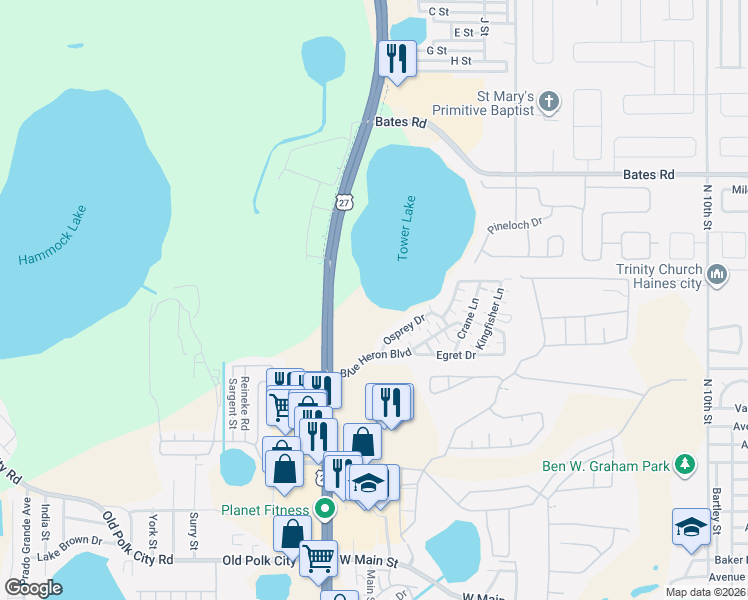 map of restaurants, bars, coffee shops, grocery stores, and more near Osprey Drive in Haines City