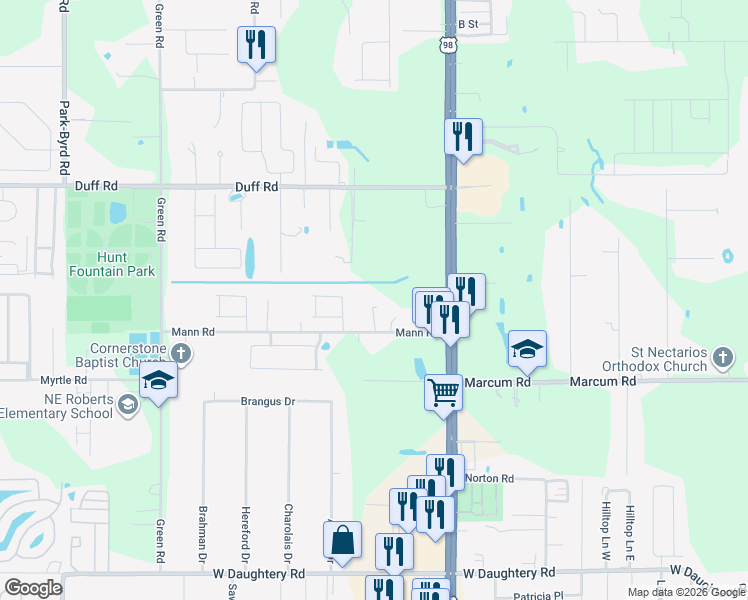 map of restaurants, bars, coffee shops, grocery stores, and more near 1425 Mann Road in Lakeland