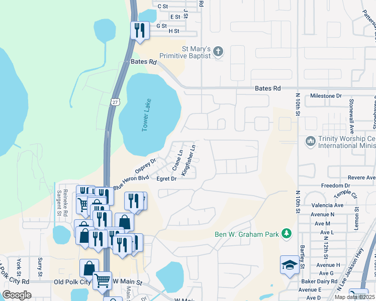 map of restaurants, bars, coffee shops, grocery stores, and more near 302 Kingfisher Lane in Haines City