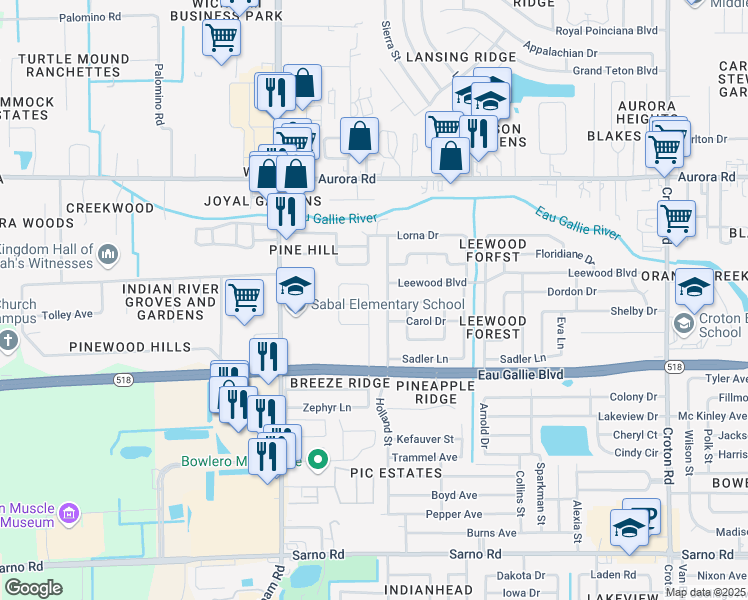 map of restaurants, bars, coffee shops, grocery stores, and more near 1485 Holland Street in Melbourne