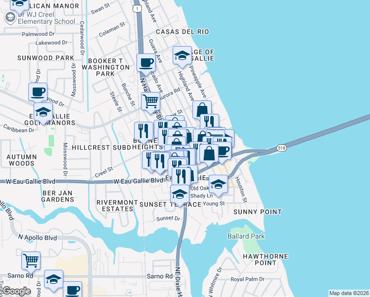 map of restaurants, bars, coffee shops, grocery stores, and more near 1482 North Harbor City Boulevard in Melbourne