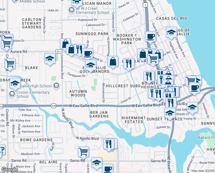 map of restaurants, bars, coffee shops, grocery stores, and more near 1471 Beechfern Drive in Melbourne