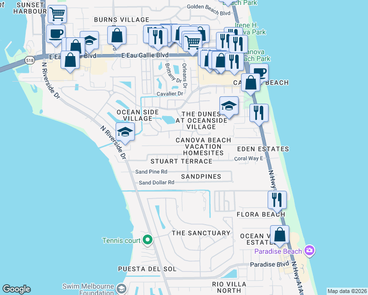 map of restaurants, bars, coffee shops, grocery stores, and more near 168 Atlantic Avenue in Indialantic