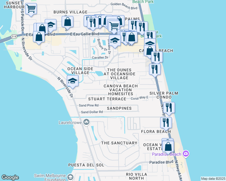 map of restaurants, bars, coffee shops, grocery stores, and more near 160 Atlantic Avenue in Indialantic