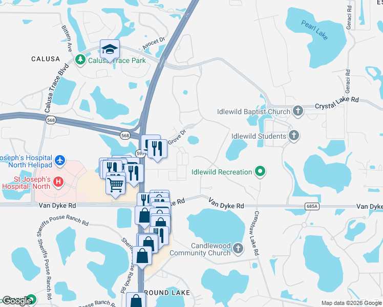 map of restaurants, bars, coffee shops, grocery stores, and more near 3720 Wicket Field Road in Lutz