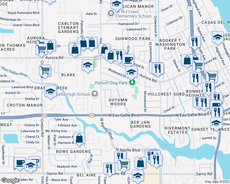 map of restaurants, bars, coffee shops, grocery stores, and more near 1515 Gardner Drive in Melbourne