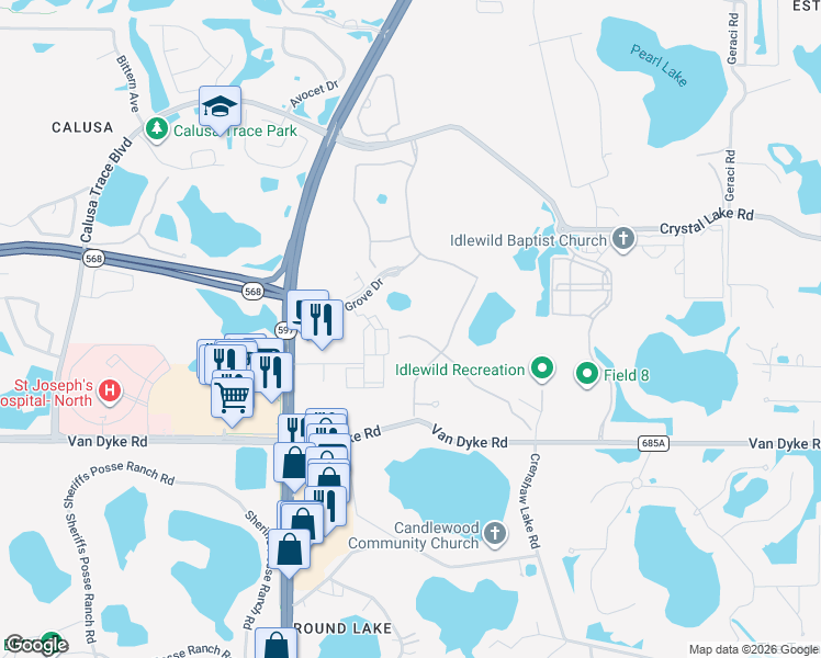 map of restaurants, bars, coffee shops, grocery stores, and more near 3704 Wicket Field Road in Lutz
