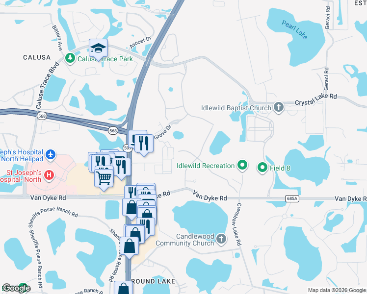 map of restaurants, bars, coffee shops, grocery stores, and more near 3713 Wicket Field Road in Lutz